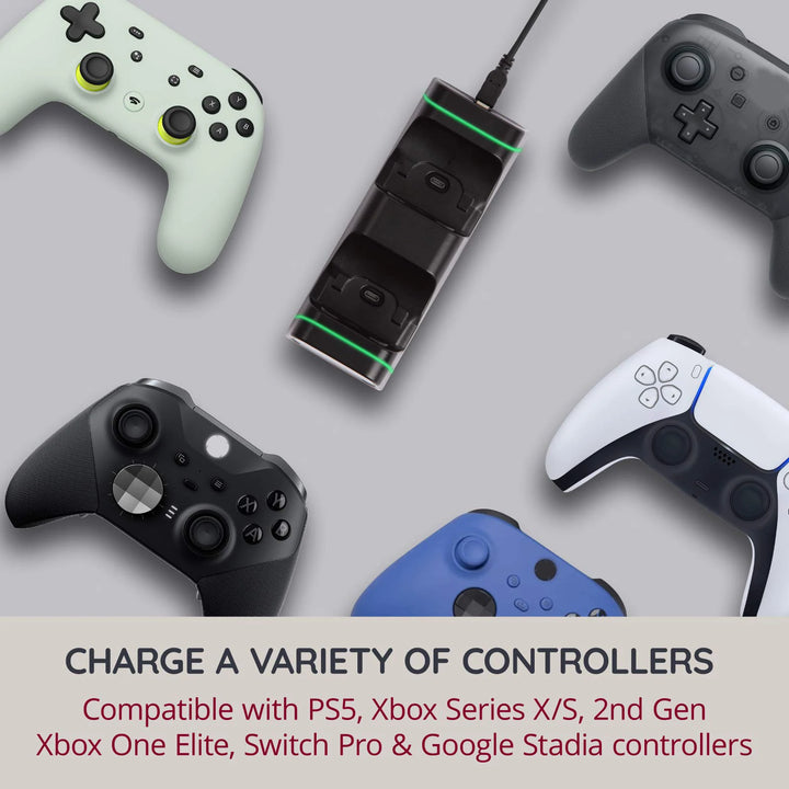 Carregador Duplo para Comandos – Xbox Series S/X, PS5, Nintendo Switch Pro e Google Controller