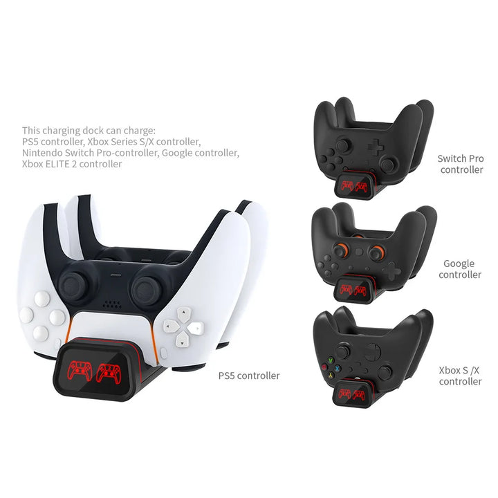 Carregador Duplo para Comandos – Xbox Series S/X, PS5, Nintendo Switch Pro e Google Controller